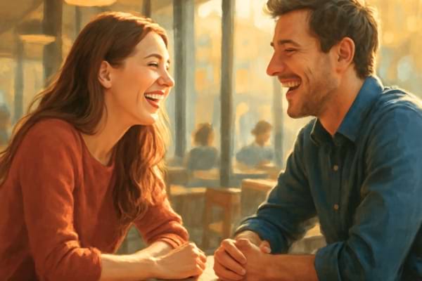 Femme et homme assis l&rsquo;un en face de l&rsquo;autre, adoptant une posture similaire