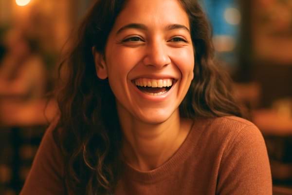 Femme riant spontan&eacute;ment lors d&rsquo;une discussion