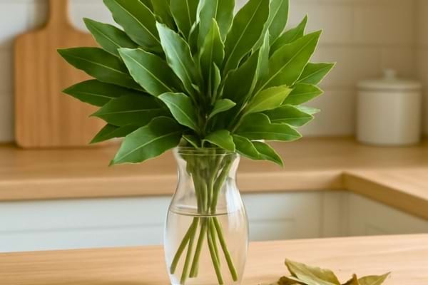 Photo lumineuse prise dans une cuisine, un plan de travail avec un gros bouquet de laurier