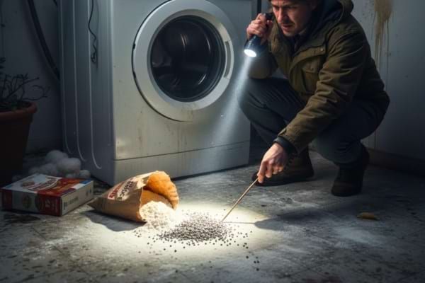 des crottes de souris pr&egrave;s de la machine &agrave; laver et un paquet de farine &eacute;ventr&eacute;.
