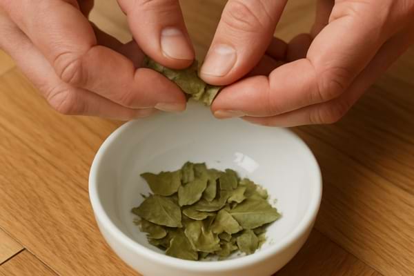 Photo en gros plan des mains d'une personne en train d'&eacute;mietter des feuilles de laurier s&egrave;ches
