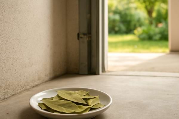 Photo d'un coin de garage propre, une coupelle avec des feuilles de laurier bien visible