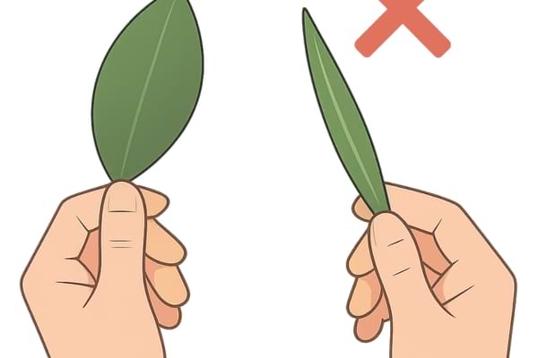 une main tient une feuille ovale, vert fonc&eacute; et une autre tient une feuille longue, fine