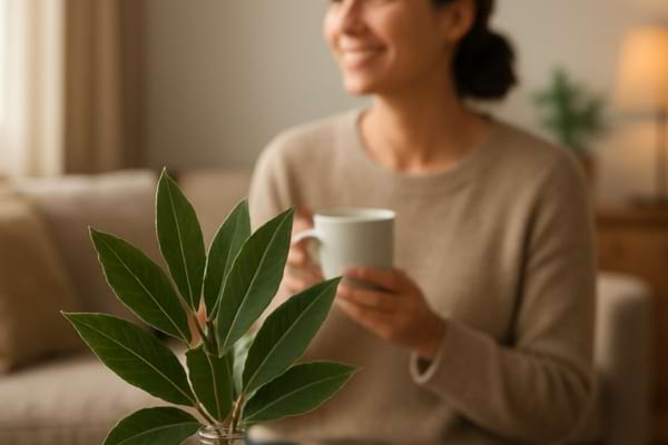 Portrait souriant et rassurant d'une personne (floue ou de dos) assise dans son salon serein,