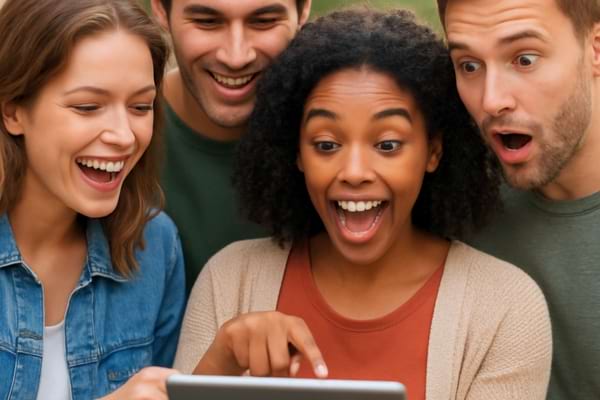 Photo joyeuse d'un groupe d'amis regardant ensemble une tablette,