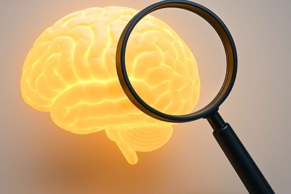 Illustration conceptuelle 3D. Un cerveau humain lumineux avec une loupe devant