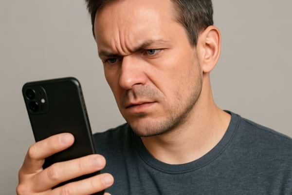 Photo r&eacute;aliste d'une personne tenant un smartphone, fron&ccedil;ant les sourcils et inclinant la t&ecirc;te sur le c&ocirc;t&eacute;