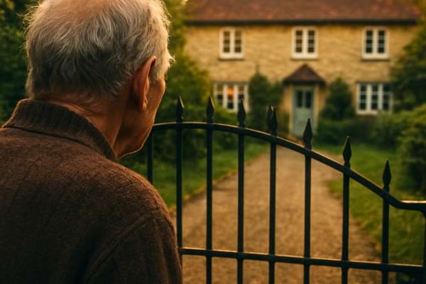 Un homme &acirc;g&eacute; de 78 ans, de dos, regardant avec inqui&eacute;tude une jolie maison de campagne