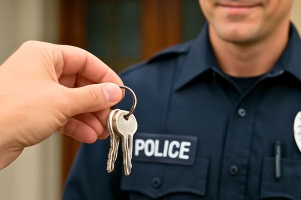 Gros plan sur une main tenant un trousseau de cl&eacute;s tendu vers un officier de police