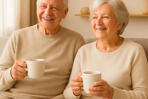 Un couple de seniors souriants, assis sereinement dans leur canap&eacute; avec une tasse de th&eacute;