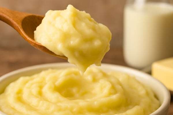 Une cuill&egrave;re en bois soulevant une pur&eacute;e termin&eacute;e, montrant une texture &eacute;lastique