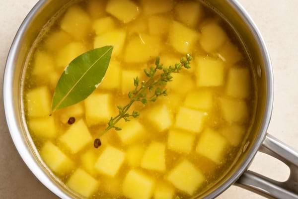 Des pommes de terre coup&eacute;es cuisent dans un bouillon dor&eacute; clair
