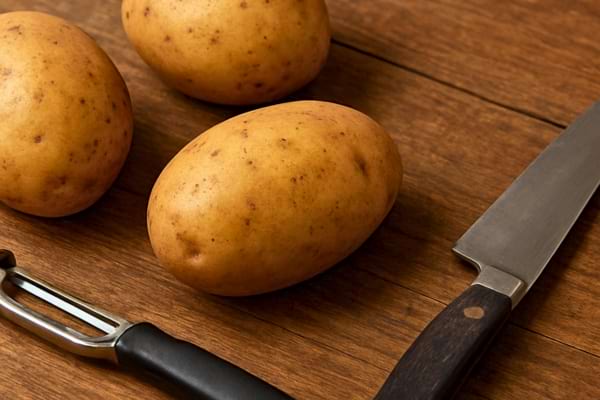 trois pommes de terre crues de vari&eacute;t&eacute; Bintje, un peu terreuses