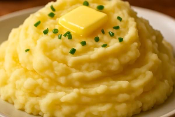 Une assiette dress&eacute;e avec une belle portion de pur&eacute;e onctueuse, surmont&eacute;e d'un petit morceau de beurre en train de fondre 