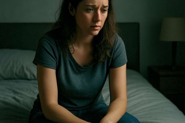 Une femme assise seule au bord d'un lit, le regard perdu dans le vide