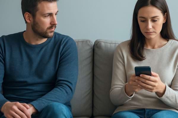 Un couple assis sur un canap&eacute;, l'homme regarde la femme mais la femme regarde son t&eacute;l&eacute;phone 