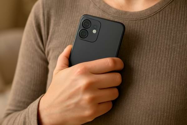 Une main f&eacute;minine tenant fermement un smartphone contre sa poitrine, attitude d&eacute;fensive