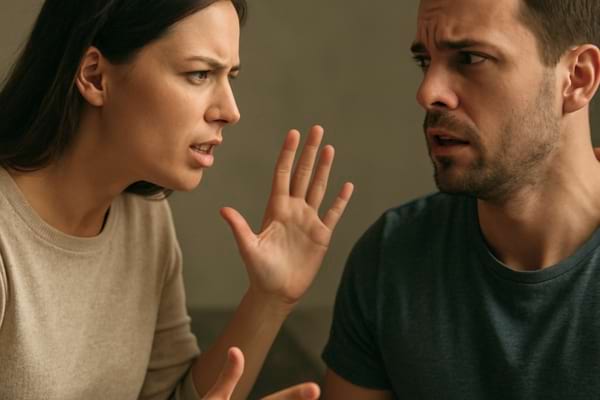 Vue de profil d'une dispute de couple, la femme a une expression agac&eacute;e 