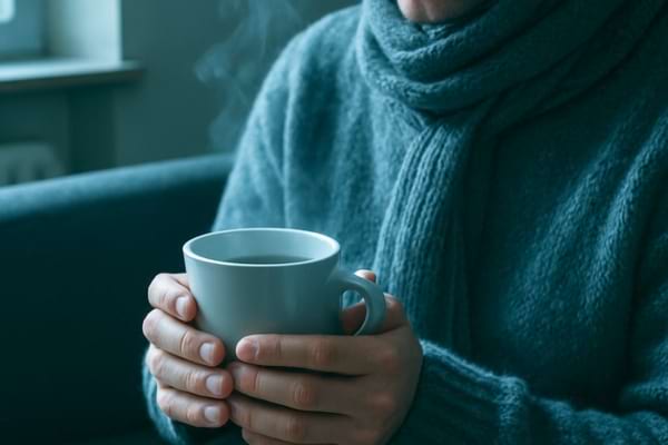 gros plan sur une personne assise dans un canap&eacute; &agrave; l'int&eacute;rieur d'un appartement modeste. La personne porte un gros pull