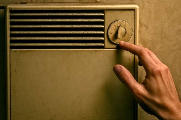 un vieux convecteur &eacute;lectrique jauni (type grille-pain) fix&eacute; sur un mur