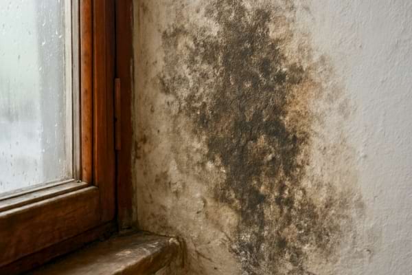 coin d'un mur int&eacute;rieur avec des traces noires de moisissure et d'humidit&eacute;.