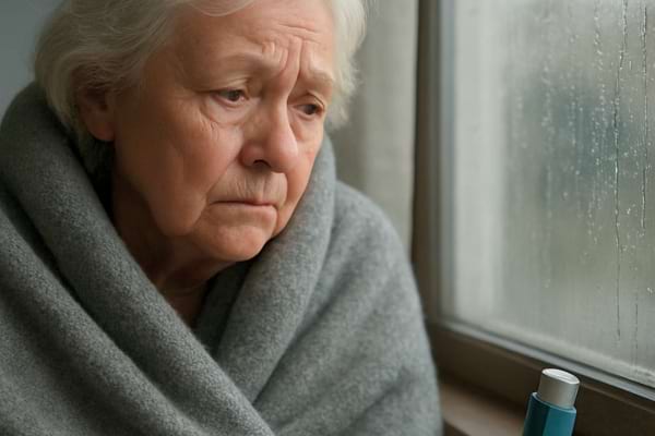 une personne &acirc;g&eacute;e au regard triste, envelopp&eacute;e dans une couverture &eacute;paisse, regardant par la fen&ecirc;tre un jour de pluie