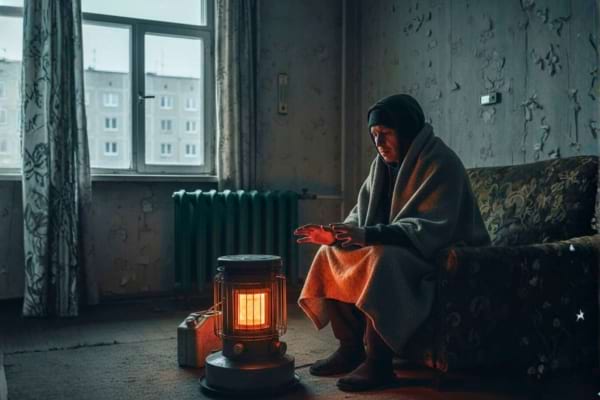 Un homme qui se chauffe au poele &agrave; p&eacute;trole dans son appartement