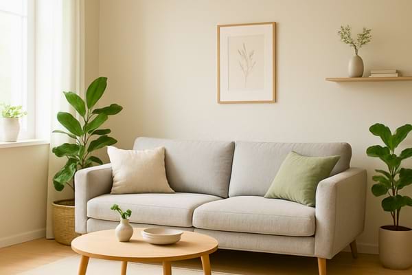 un salon scandinave lumineux et a&eacute;r&eacute;, d&eacute;coration style Lagom, murs beige clair, canap&eacute; confortable