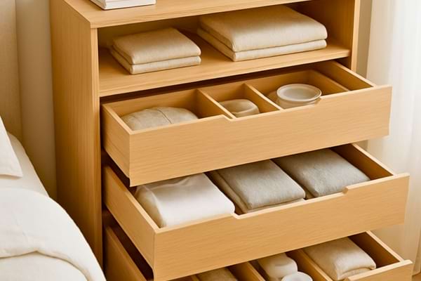 gros plan sur un meuble multifonction intelligent en bois clair, tiroirs de rangement ouverts