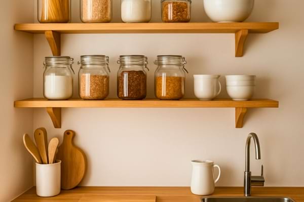 une cuisine scandinave organis&eacute;e, &eacute;tag&egrave;res ouvertes avec bocaux en verre align&eacute;s