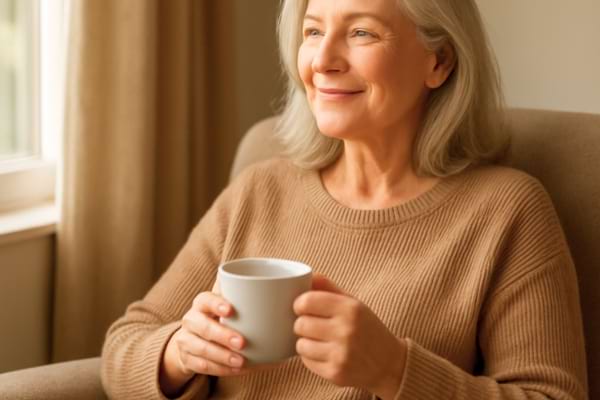 woman sitting comfortably in a cozy armchair near a window, holding a cup of tea