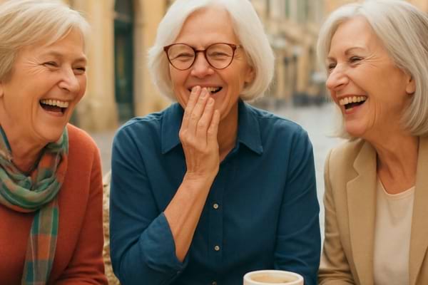 a group of three women aged 60+, laughing together at a cafe terrace in a European city.