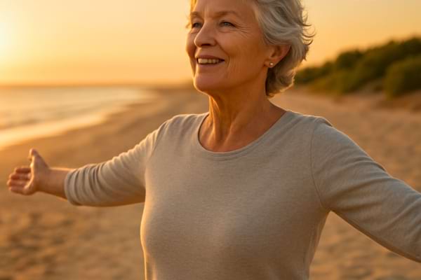 a woman aged 65 walking on a beach or in a park, arms open or relaxed, looking at the horizon
