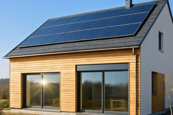 a modern bioclimatic house in the French countryside (Dr&ocirc;me region), sunny winter day,