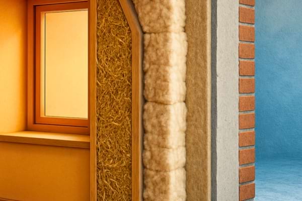 Cross-section diagram of a highly insulated house wall, showing layers of bio-sourced materials like straw and cotton