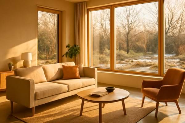 nterior view of a cozy living room in a passive house, sunlight streaming heavily through large triple-glazed windows