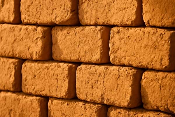 raw earth bricks (adobe) stacked creatively in an interior wal