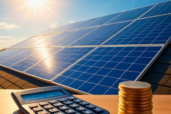 a roof covered with photovoltaic solar panels, sun flaring in the lens