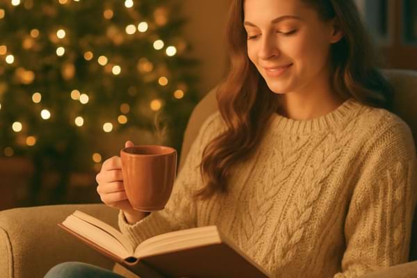 A serene woman sitting comfortably in a soft armchair, wearing a knitted sweater and woolen socks