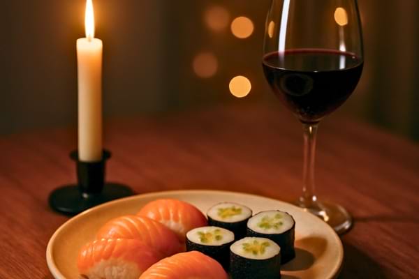 A modern festive dinner for one person on a wooden table