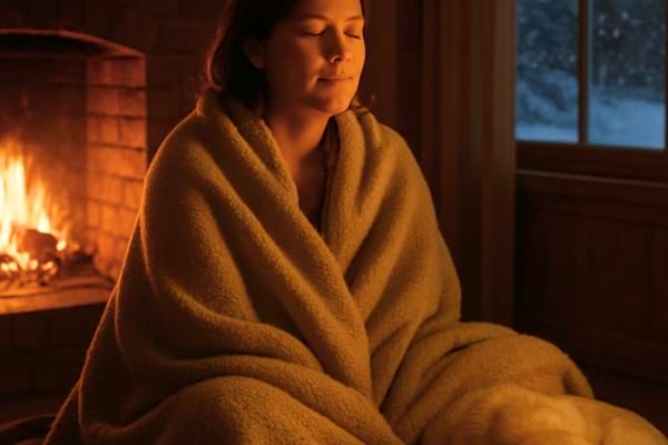 A person meditating or resting with closed eyes in a dimly lit room with a fireplace