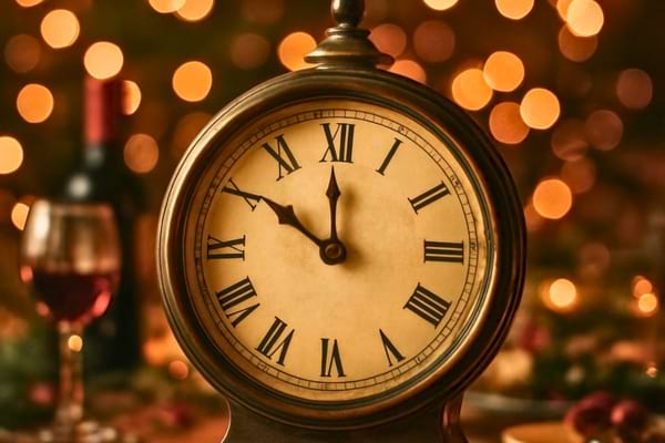 horloge ancienne marquant 22h00 pos&eacute;e sur une table de f&ecirc;te floue