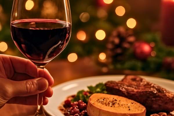 une main tenant un verre de vin rouge &agrave; c&ocirc;t&eacute; d'une assiette richement garnie