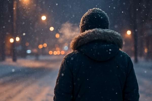 Une personne vue de dos marchant dehors dans une rue enneig&eacute;e la nuit, emmitoufl&eacute;e,