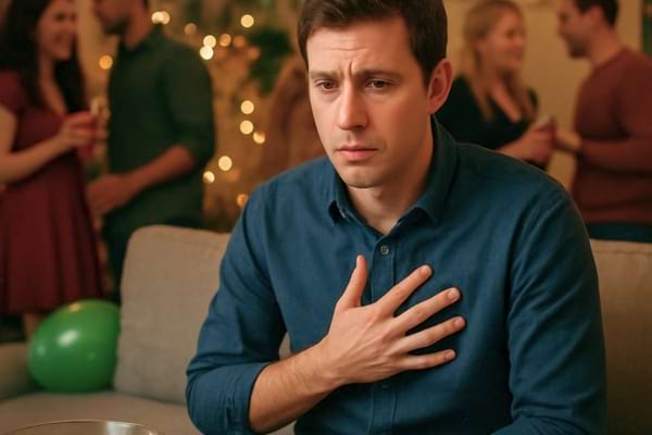 Un homme assis sur un canap&eacute; lors d'une f&ecirc;te, main sur la poitrine, expression inqui&egrave;te