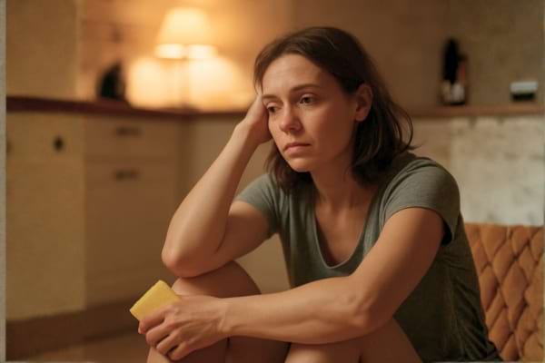 Une femme trentenaire assise sur le sol de sa cuisine le soir, l'air &eacute;puis&eacute; et pensif, tenant une &eacute;ponge &agrave; la main