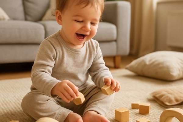 Un jeune enfant jouant joyeusement sur un tapis de salon avec des jouets en bois.