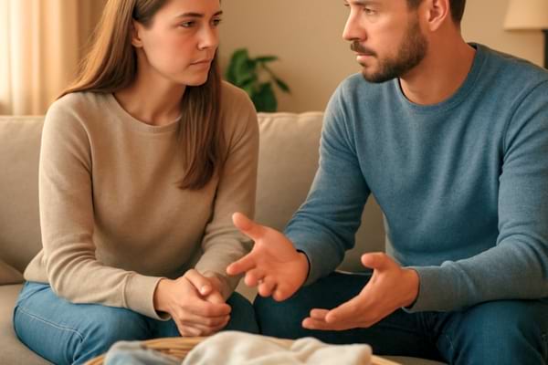 Un couple assis sur un canap&eacute;, en train de discuter s&eacute;rieusement mais calmement.