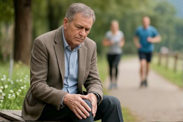 Un homme de 65 ans, habill&eacute; en tenue de ville d&eacute;contract&eacute;e, assis sur un banc dans un parc