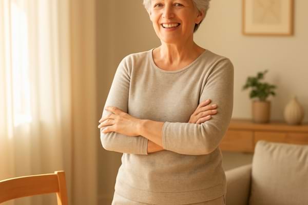 Une femme de 68 ans, souriante et dynamique, en v&ecirc;tements confortables (pas forc&eacute;ment de sport), dans son salon